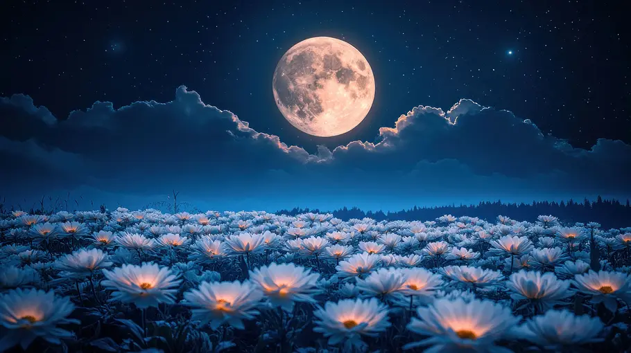 Vollmond steht über einem Blumenfeld
