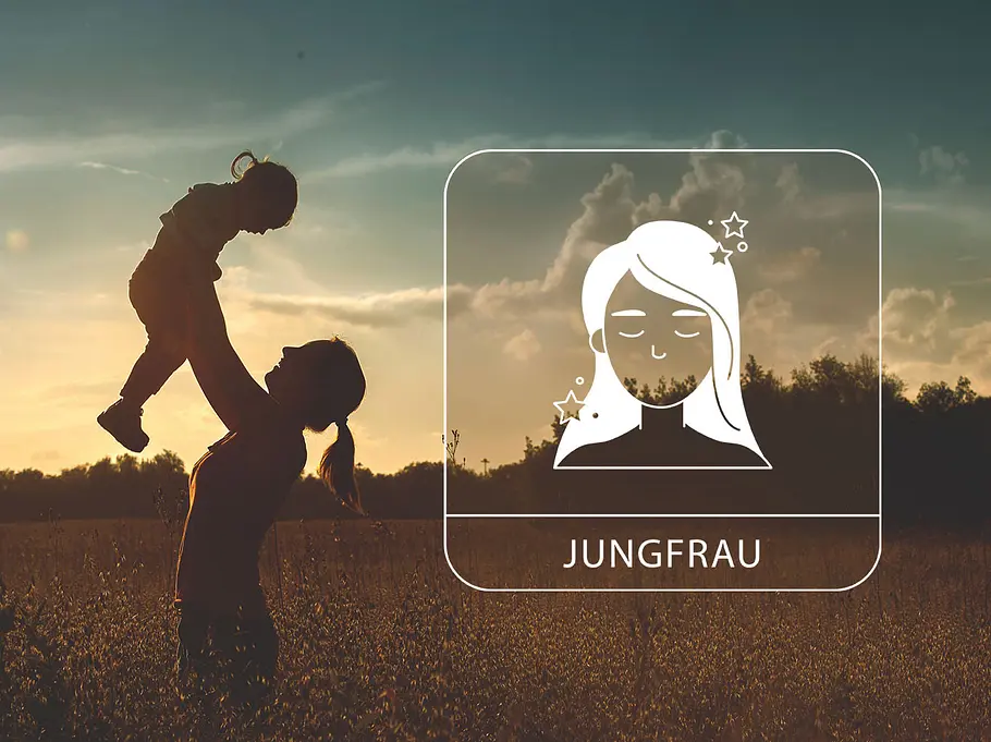 Eine Mutter mit ihrem Kind auf einem sommerlichen Feld neben dem Sternzeichen Jungfrau
