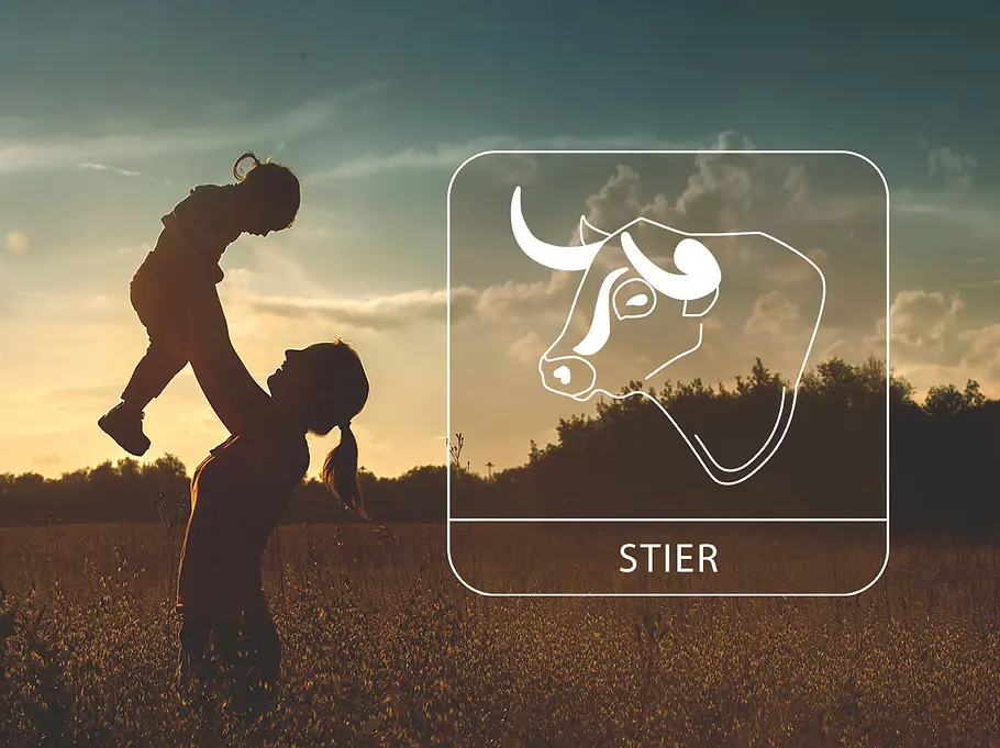Eine Mutter mit ihrem Kind auf einem sommerlichen Feld neben dem Sternzeichen Stier