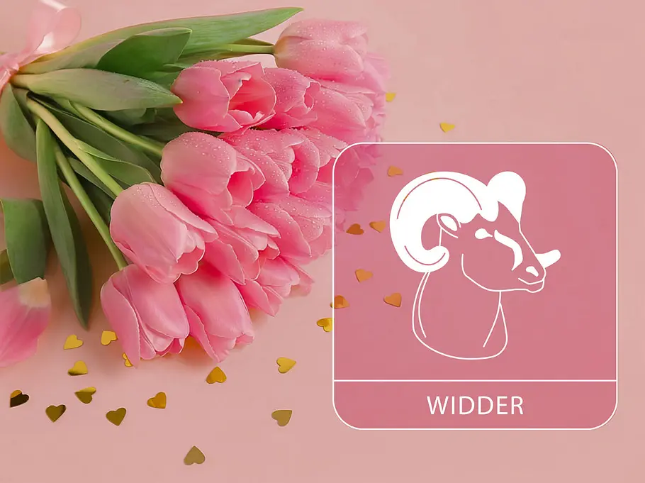 Sternzeichen Widder neben einem pinken Tulpenstrauß vor einem pinken Hintergrund
