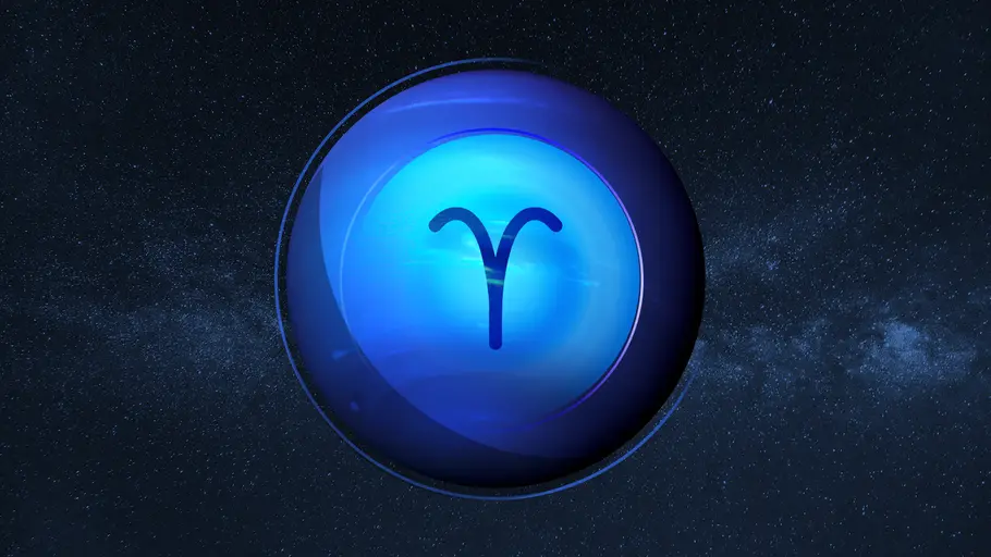 Neptum im Widder ab 30.03.2025 Das Widder-Symbol und der blaue Planet Neptun vor einer Galaxie