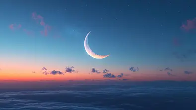 Der Neumond leuchtet am Himmel vor einem Sonnenaufgang - Foto: Rinowz/AdobeStock Der Neumond leuchtet am Himmel vor einem Sonnenaufgang - Foto: Rinowz/AdobeStock