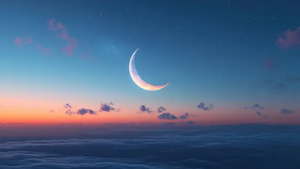 Der Neumond leuchtet am Himmel vor einem Sonnenaufgang - Foto: Rinowz/AdobeStock Der Neumond leuchtet am Himmel vor einem Sonnenaufgang - Foto: Rinowz/AdobeStock