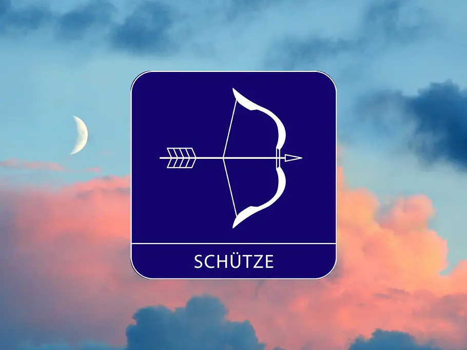 Sternzeichen Symbol Schütze vor einem Himmel mit schmaler Mondsichel