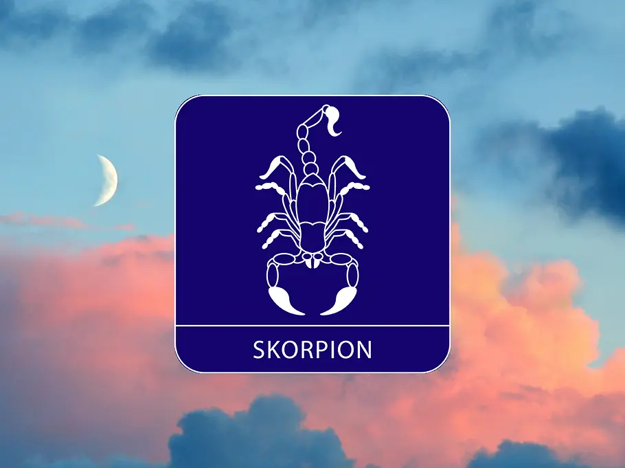 Sternzeichen Symbol Skorpion vor einem Himmel mit schmaler Mondsichel