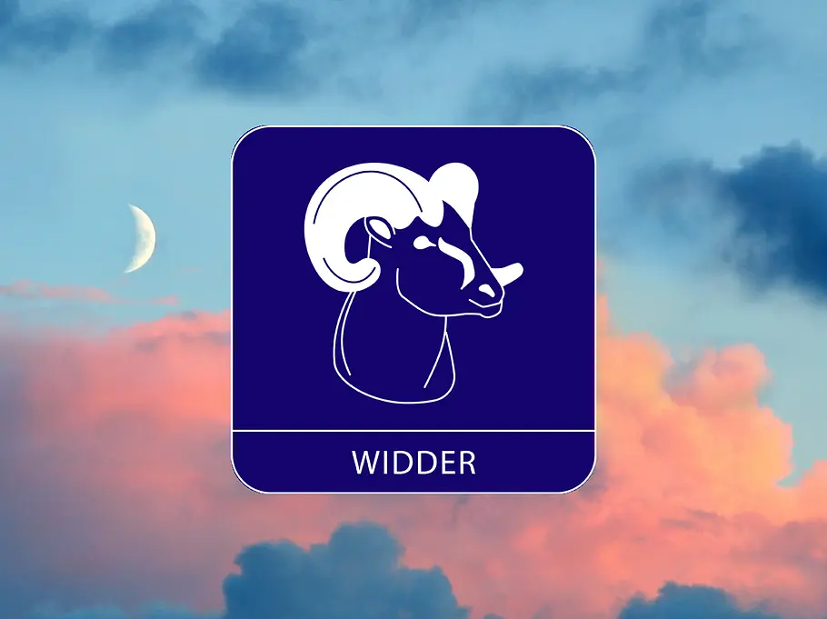 Sternzeichen Symbol Widder vor einem Himmel mit schmaler Mondsichel
