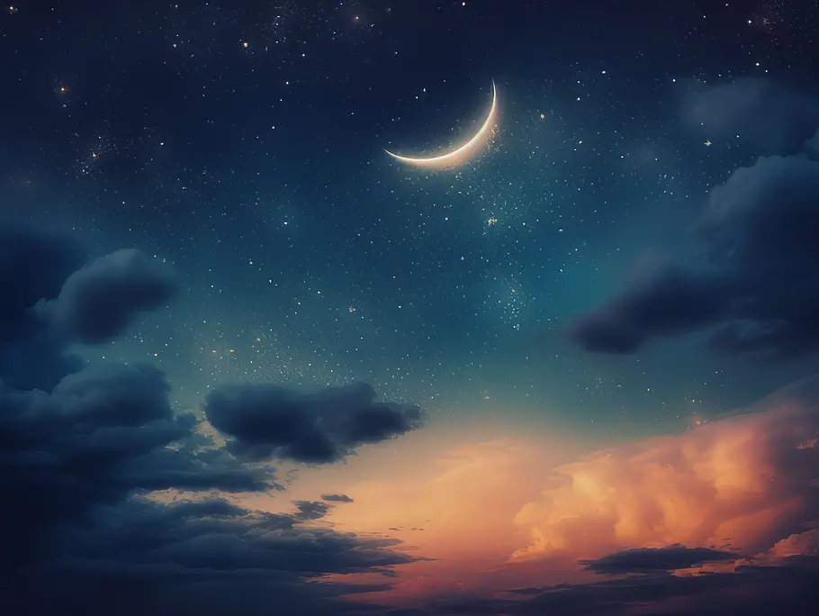 neumond-juni-2025 Schmale Mondsichel vor einem Himmel mit Sternen und Wolken. Unten ist noch leicht der Sonnenuntergang zu sehen.