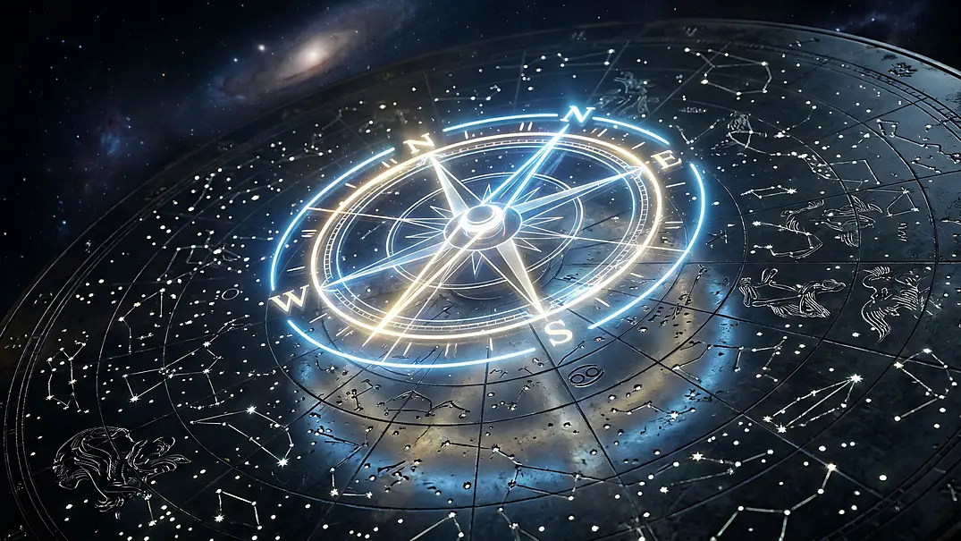 Ein leuchtender Kompass und Sternzeichen Symbole in der Galaxie - Foto: Zilan/AdobeStock (KI generiert)