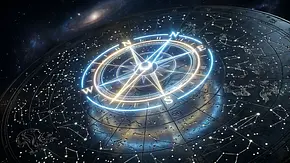 Ein leuchtender Kompass und Sternzeichen Symbole in der Galaxie - Foto: Zilan/AdobeStock (KI generiert)