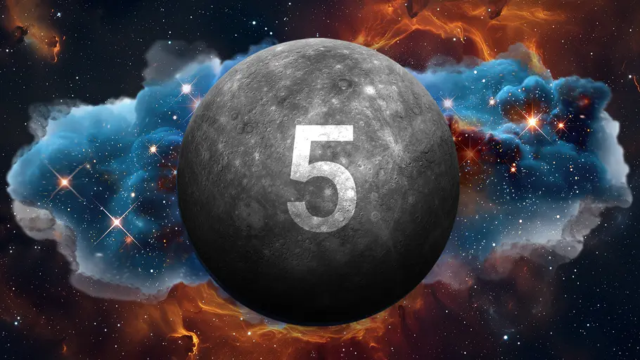 Die Zahl 5 auf Merkur, umgeben von einer prachtvoll funkelnden Galaxie