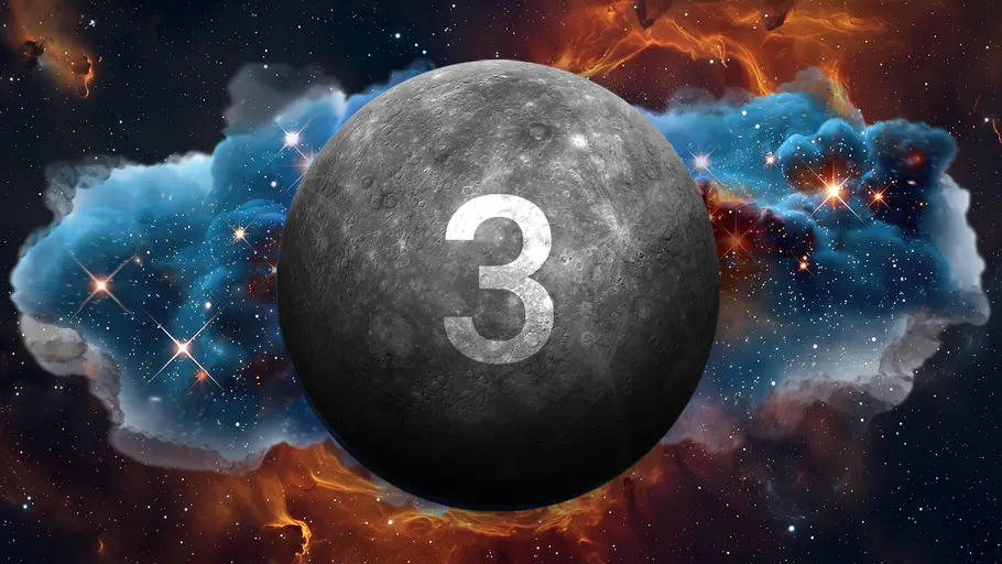 Die Zahl 3 auf Merkur, umgeben von einer prachtvoll funkelnden Galaxie