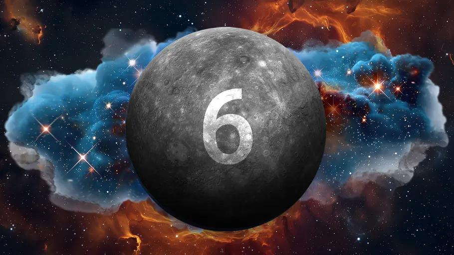 Die Zahl 6 auf Merkur, umgeben von einer prachtvoll funkelnden Galaxie