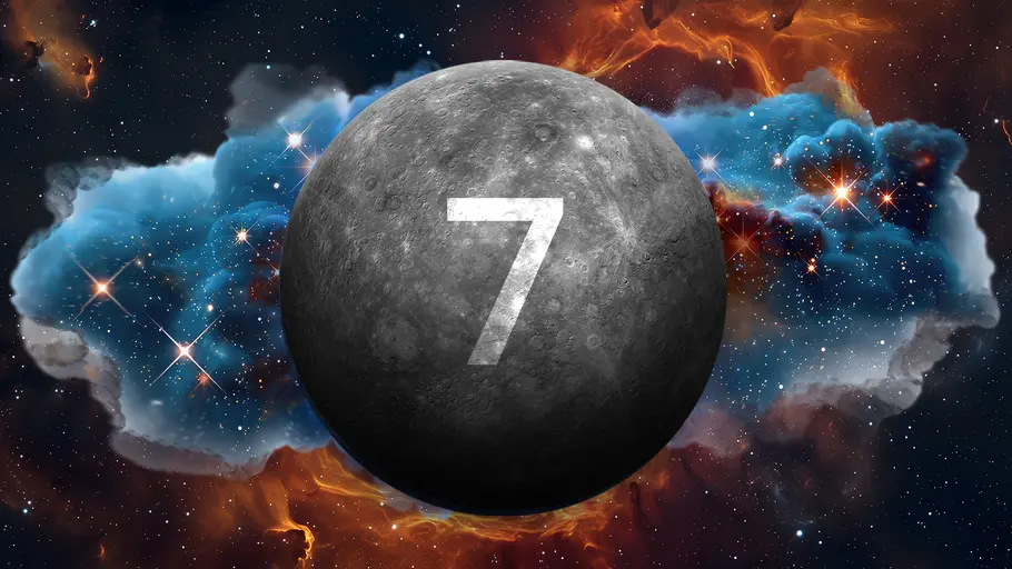Die Zahl 7 auf Merkur, umgeben von einer prachtvoll funkelnden Galaxie