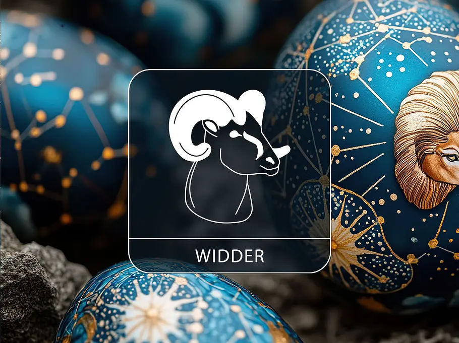 Osterhoroskop 2025: Widder Sternzeichen Widder vor Astro-Ostereiern