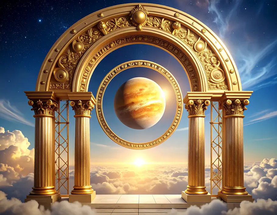 Venus im Goldenen Tor Der Blick durch ein Goldenes Tor auf Planet Venus umrahmt von Wolken, im Hintergrund ist die Sonne zu sehen