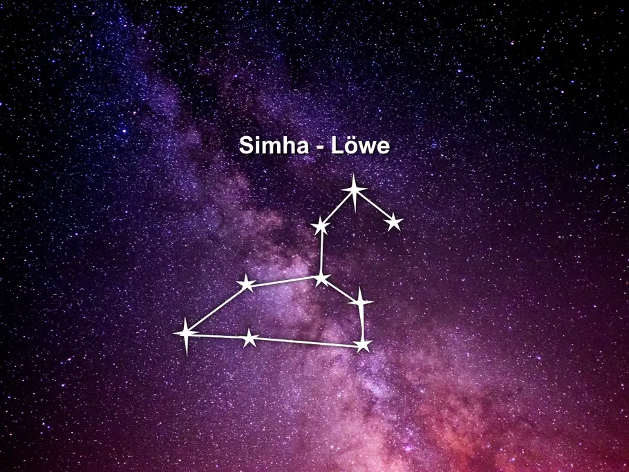 Weiße Sterne und Linien zeigen das Sternbild Löwe vor einem violettem Sternenhimmel. Darüber steht „Simha - Löwe“.