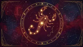 Ein goldener Skorpion steht in einem Kreis mit Mondphasen, umgeben von Sternbildern auf dunkelrotem und blauem Hintergrund. - Foto:  mifta/AdobeStock