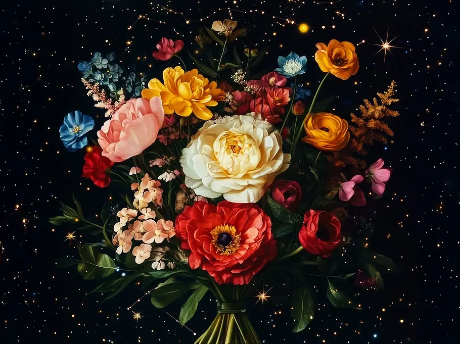 Das Sommerhoroskop 2025 Sommerlicher Blumenstrauß vor einem Sternenhimmel