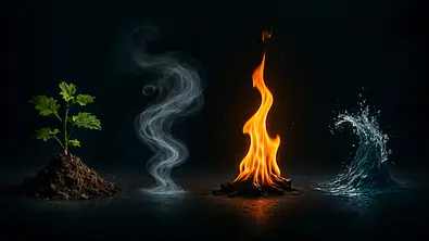 Vier Naturelemente (Erde mit Pflanze, wirbelnder Rauch, Flamme und Wasserwelle) nebeneinander vor einem schwarzen Hintergrund - Foto: ana / AdobeStock (generiert mit KI) Vier Naturelemente (Erde mit Pflanze, wirbelnder Rauch, Flamme und Wasserwelle) nebeneinander vor einem schwarzen Hintergrund - Foto: ana / AdobeStock (generiert mit KI)