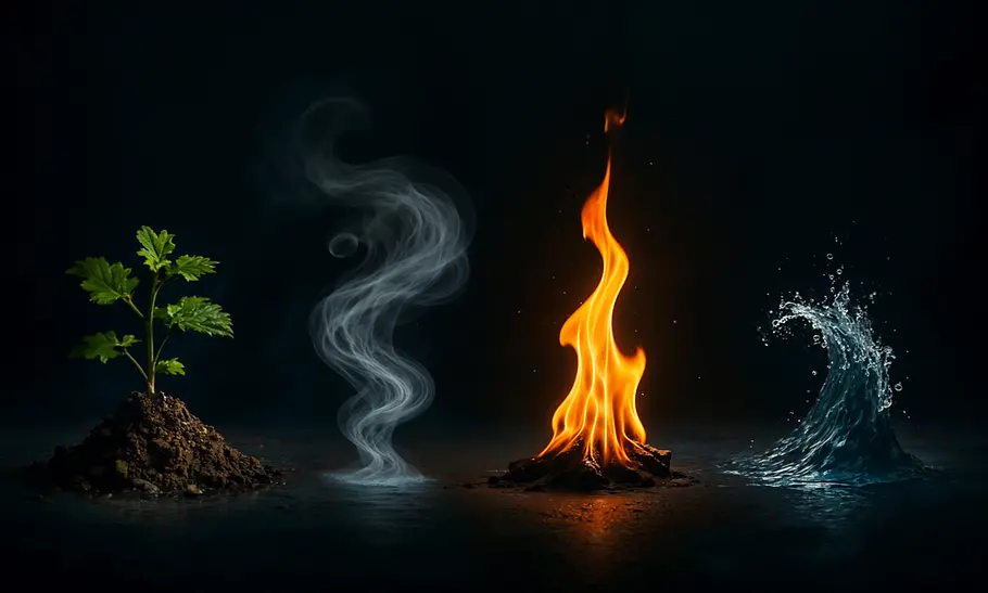 Vier Naturelemente (Erde mit Pflanze, wirbelnder Rauch, Flamme und Wasserwelle) nebeneinander vor einem schwarzen Hintergrund