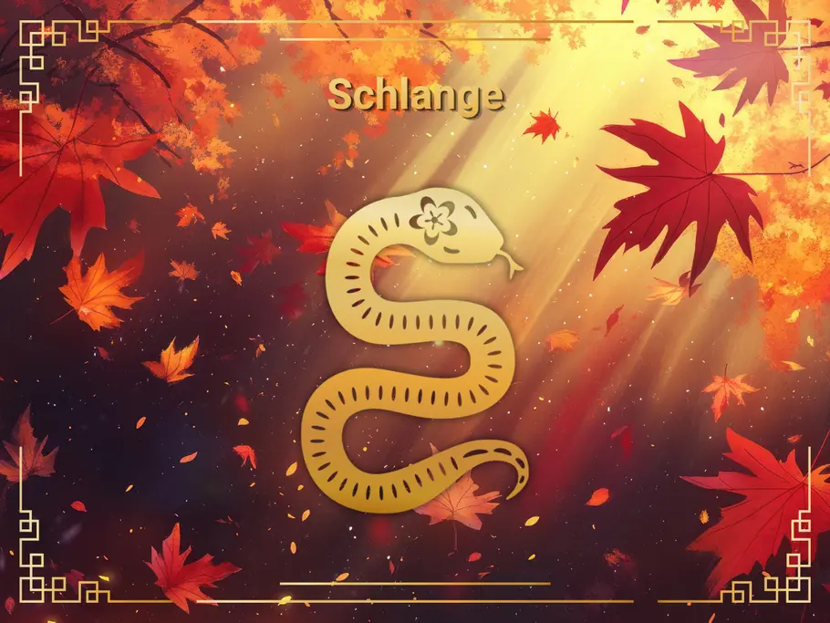 Eine goldene, stilisierte Schlange steht unter dem Schriftzug „Schlange“, umgeben von Herbstlaub, Lichtstrahlen und Goldrahmen.