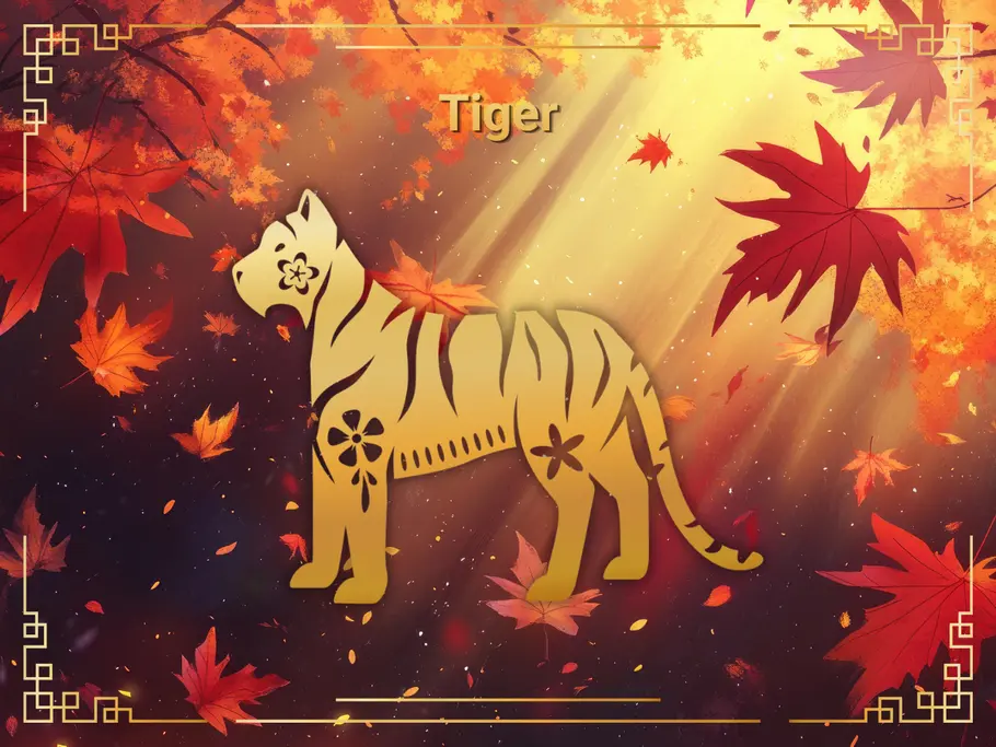 Ein stilisierter goldener Tiger mit Blumenmustern steht zwischen roten Herbstblättern und Lichtstrahlen unter dem Wort „Tiger“.