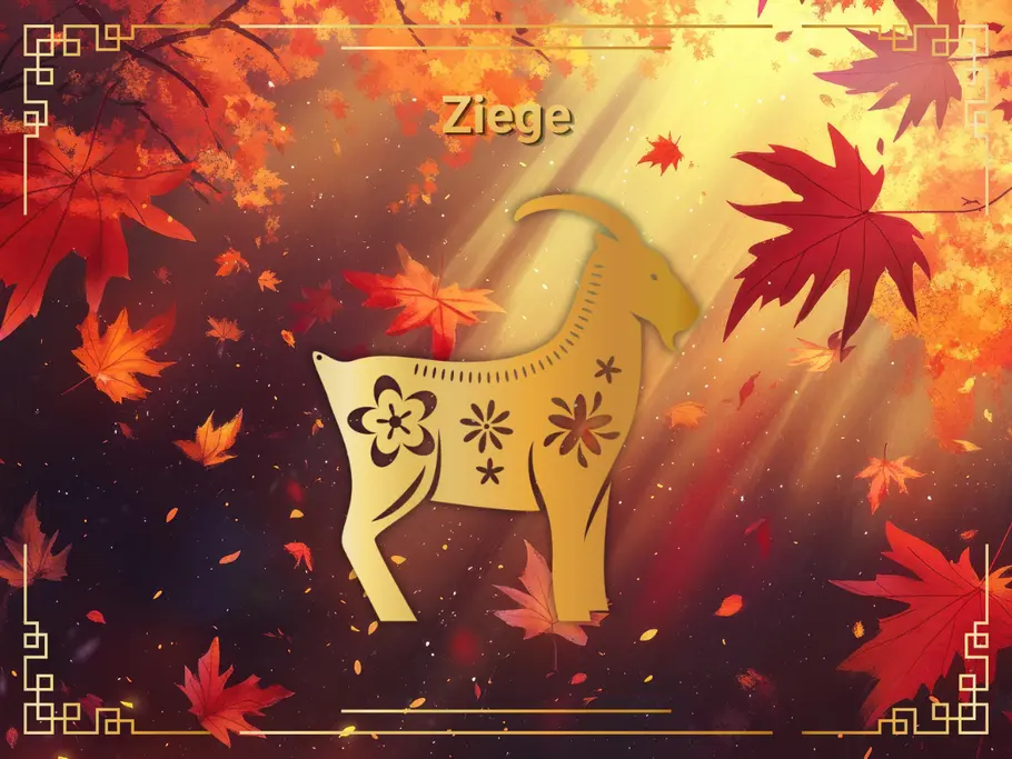 Eine goldene Ziege mit Blumenmustern steht vor rotem Herbstlaub und Lichtstrahlen. Darüber steht „Ziege“.