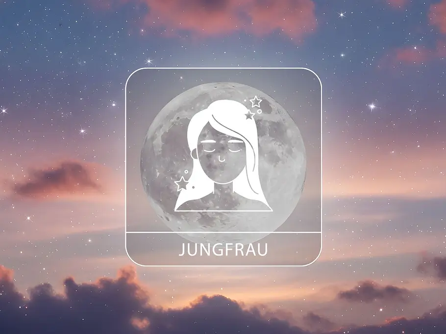 Sternzeichen Jungfrau vor einem Vollmond umgeben von rötlichen Wolken