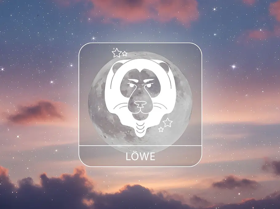 Sternzeichen Löwe vor einem Vollmond umgeben von rötlichen Wolken