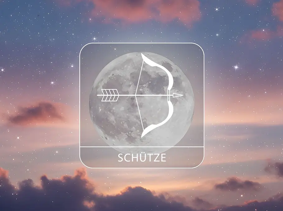 Sternzeichen Schütze vor einem Vollmond umgeben von rötlichen Wolken