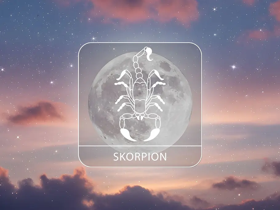 Sternzeichen Skorpion vor einem Vollmond umgeben von rötlichen Wolken