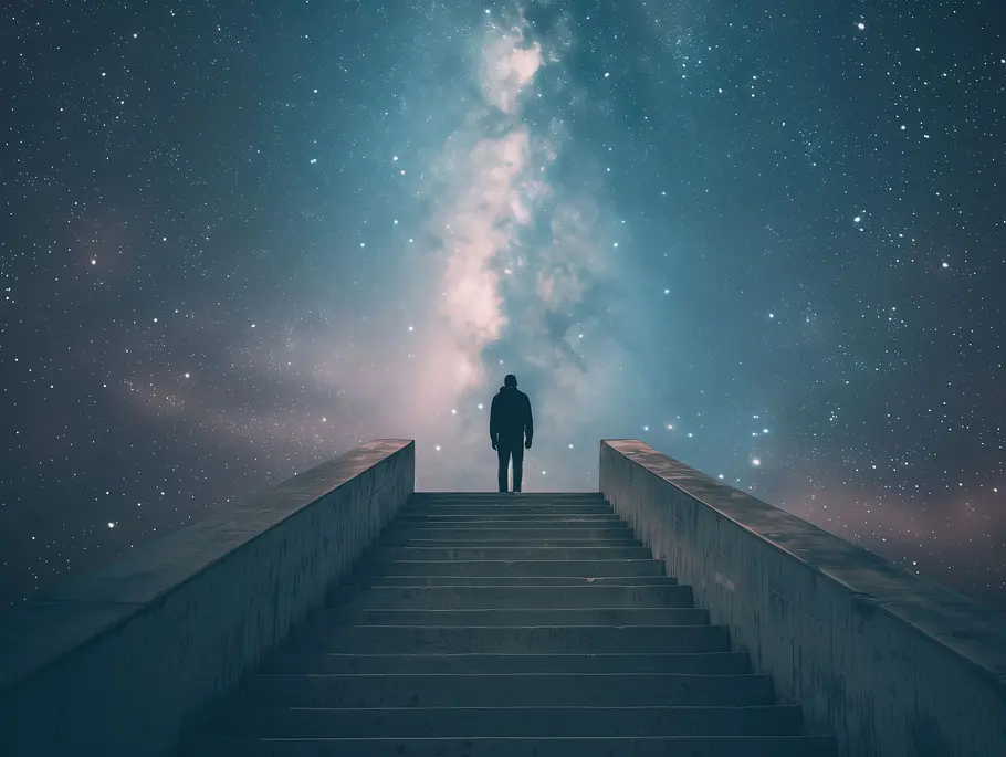 Das Horoskop der Supersterne ab dem 23.06.2025: Holen Sie sich jetzt Ihr Glück! Silhouette eines Menschen vor einem nächtlichen Sternenhimmel oben auf einer Treppe