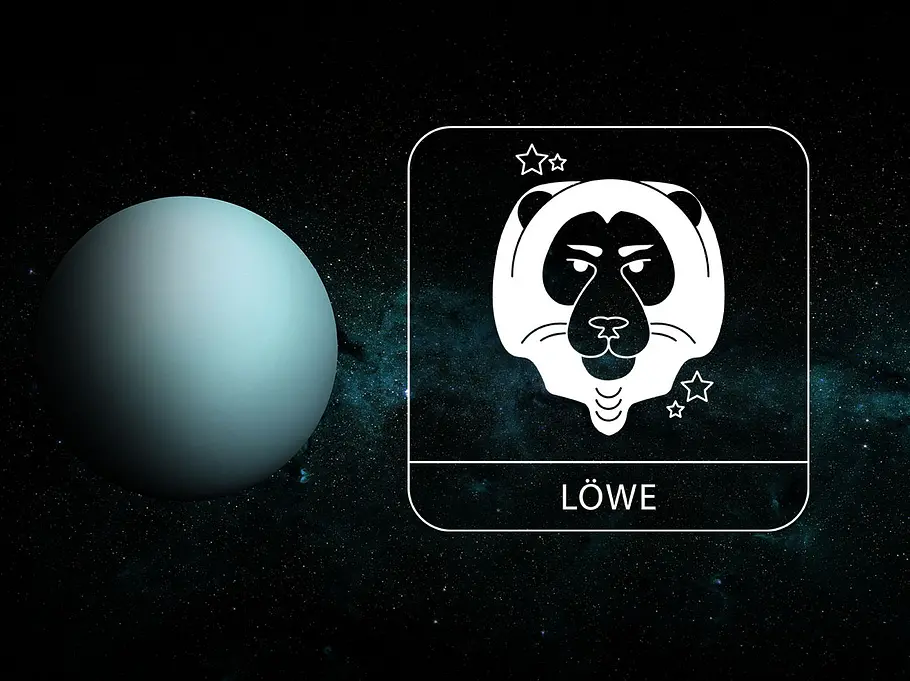 Sternzeichen Löwe neben Planet Uranus vor dunklem Hintergrund