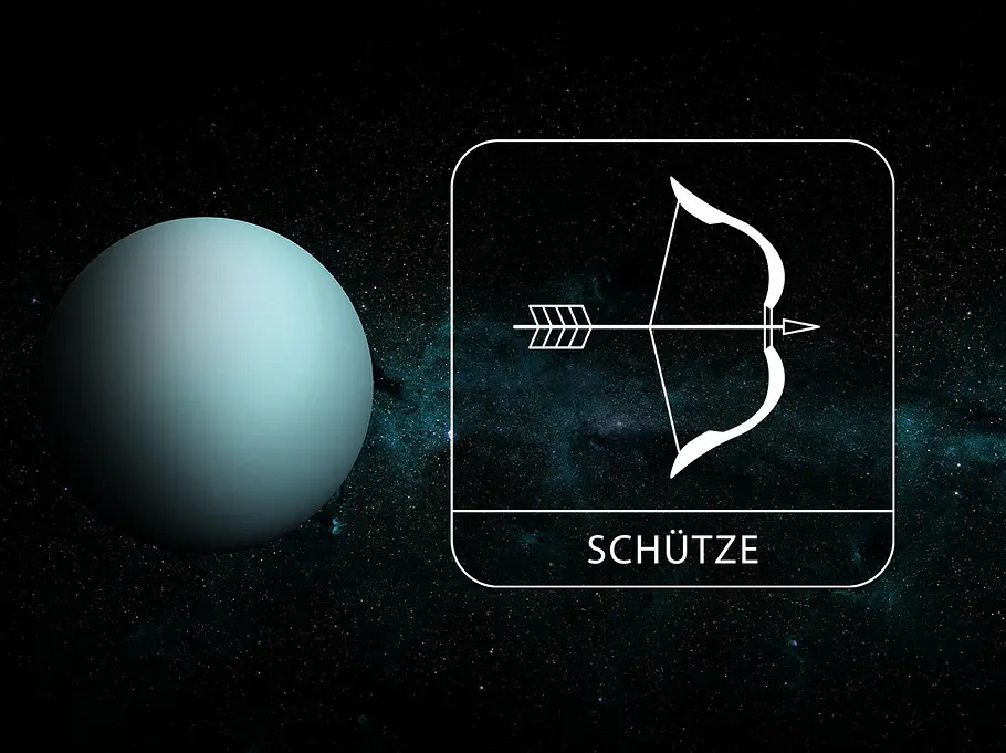 Sternzeichen Schütze neben Planet Uranus vor dunklem Hintergrund