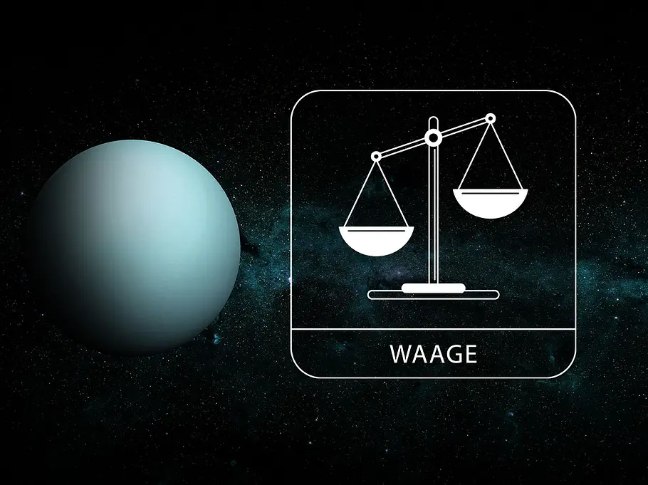 Sternzeichen Waage neben Planet Uranus vor dunklem Hintergrund