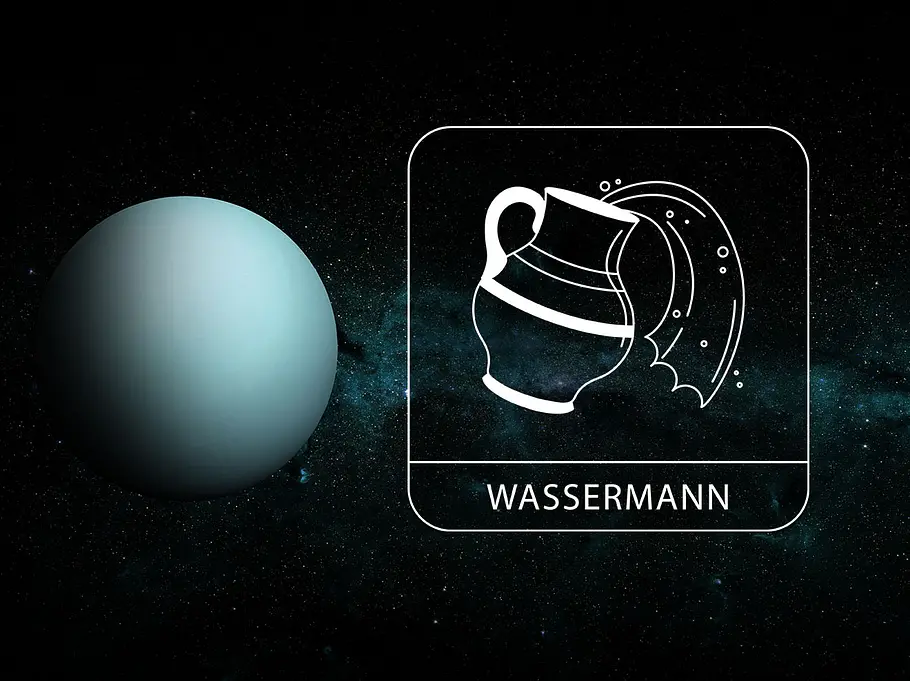 Sternzeichen Wassermann neben Planet Uranus vor dunklem Hintergrund