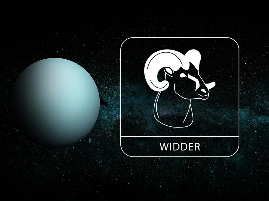 Sternzeichen Widder neben Planet Uranus vor dunklem Hintergrund