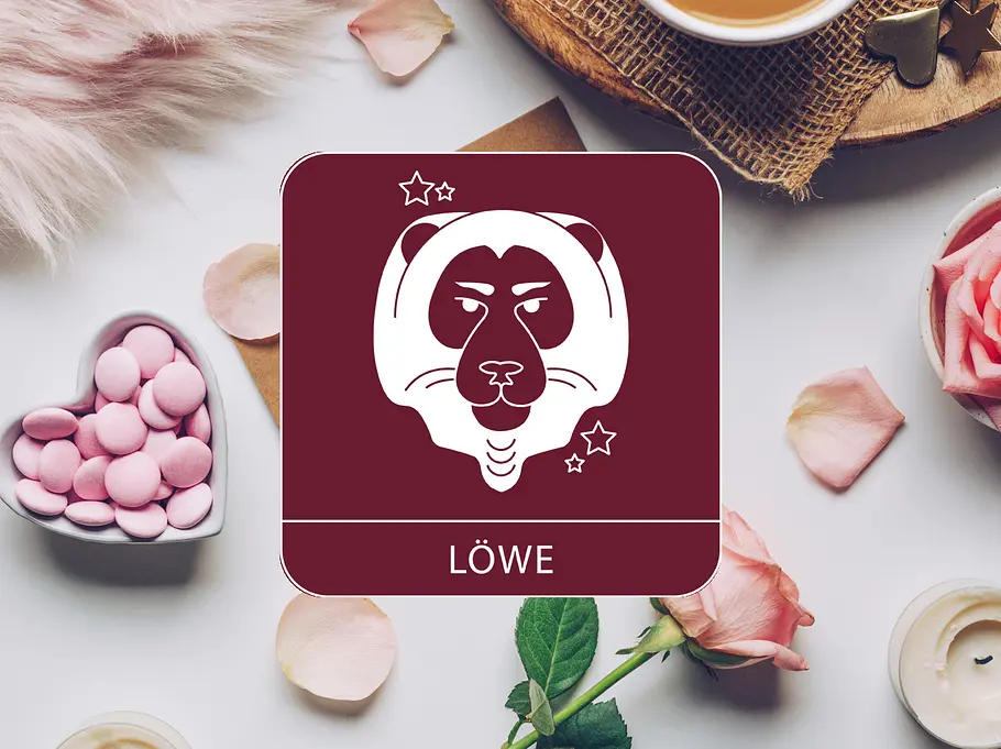 Sternzeichen Symbol Löwe vor einem Hintergrund mit einer Rose, Kerzen und Süßigkeiten