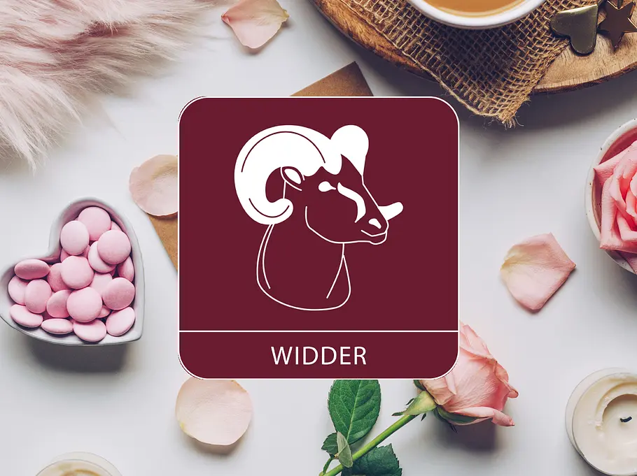 Sternzeichen Symbol Widder vor einem Hintergrund mit einer Rose, Kerzen und Süßigkeiten