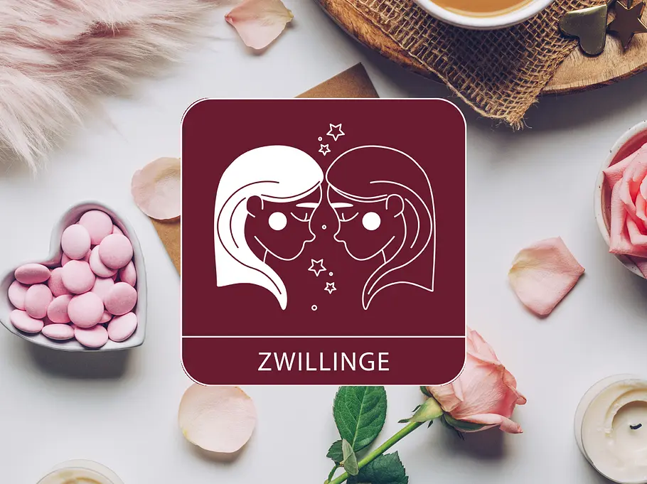 Sternzeichen Symbol Zwillinge vor einem Hintergrund mit einer Rose, Kerzen und Süßigkeiten