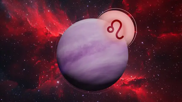  Planet Venus und das Symbol des Löwen vor einer rot funkelnden Galaxie - Foto: Collage mit Astrowoche.de & iStock (Dottedhippo + kamral/AdobeStock)