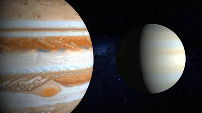 Ansicht von Venus und Jupiter im Universum - Foto: AdobeFirefly (generiert mit KI)