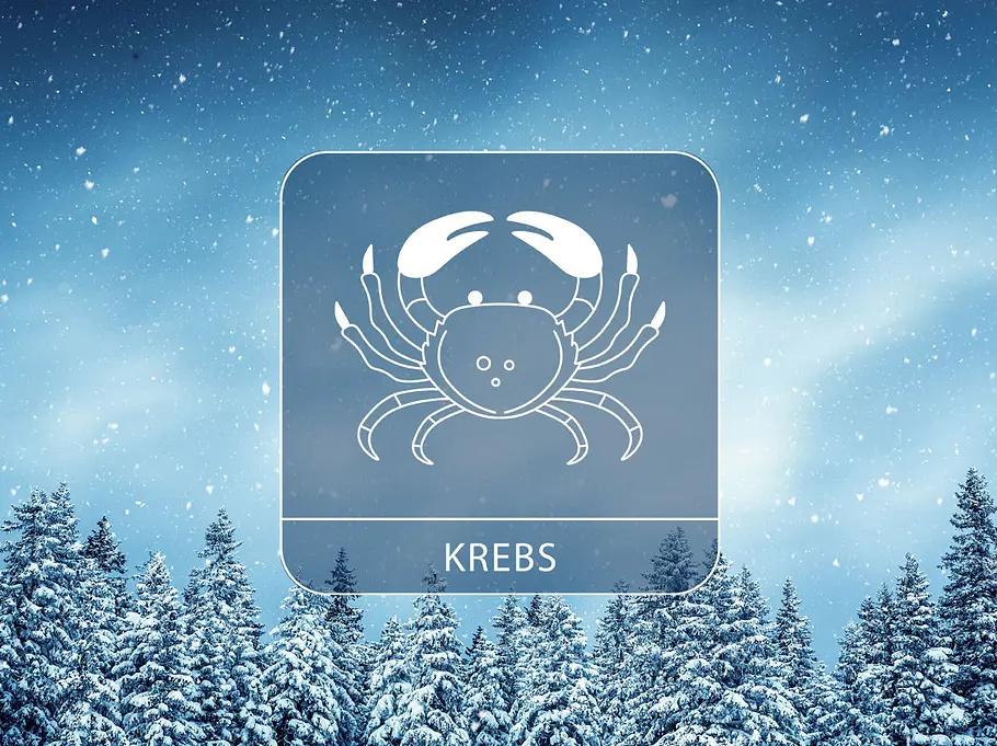 Das große Winter-Horoskop 2025/2026 für das Sternzeichen Krebs Vor einer winterlich, verschneiten Wald-Landschaft ist ein Bild des Sternzeichen Krebs zu sehen.