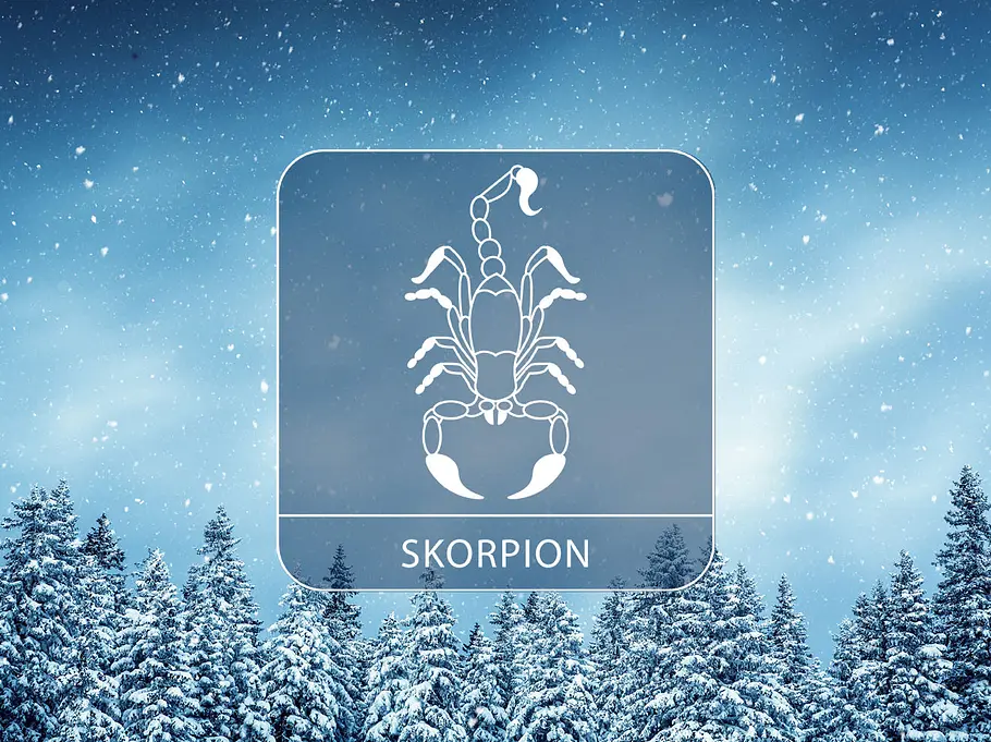 Das große Winter-Horoskop 2025/2026 für das Sternzeichen Skorpion Vor einer winterlich, verschneiten Wald-Landschaft ist ein Bild des Sternzeichen Skorpion zu sehen.