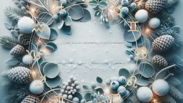 Winterlicher Kranz mit Sternzeichen Symbolen - Foto: Collage mit Svetlana Kolpakova / AdobeStock und HNFOTO / AdobeStock  