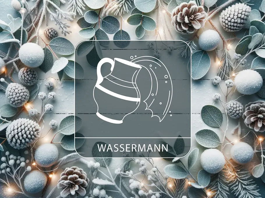 Sternzeichen Wassermann vor einem winterlichen Kranz