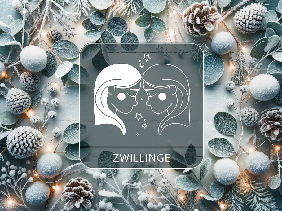 Sternzeichen Zwillinge vor einem winterlichen Kranz